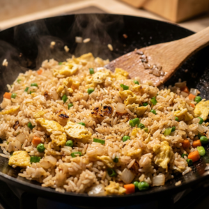 Homemade egg fried rice with scrambled eggs, peas, carrots, garlic, onions, and green onions served in a bowl with authentic stir-fried texture. BuyMyRecipes.com