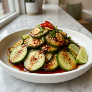 Spicy Korean cucumber salad with chili oil, sesame seeds, and green onions served in a modern white bowl – BuyMyRecipes.com